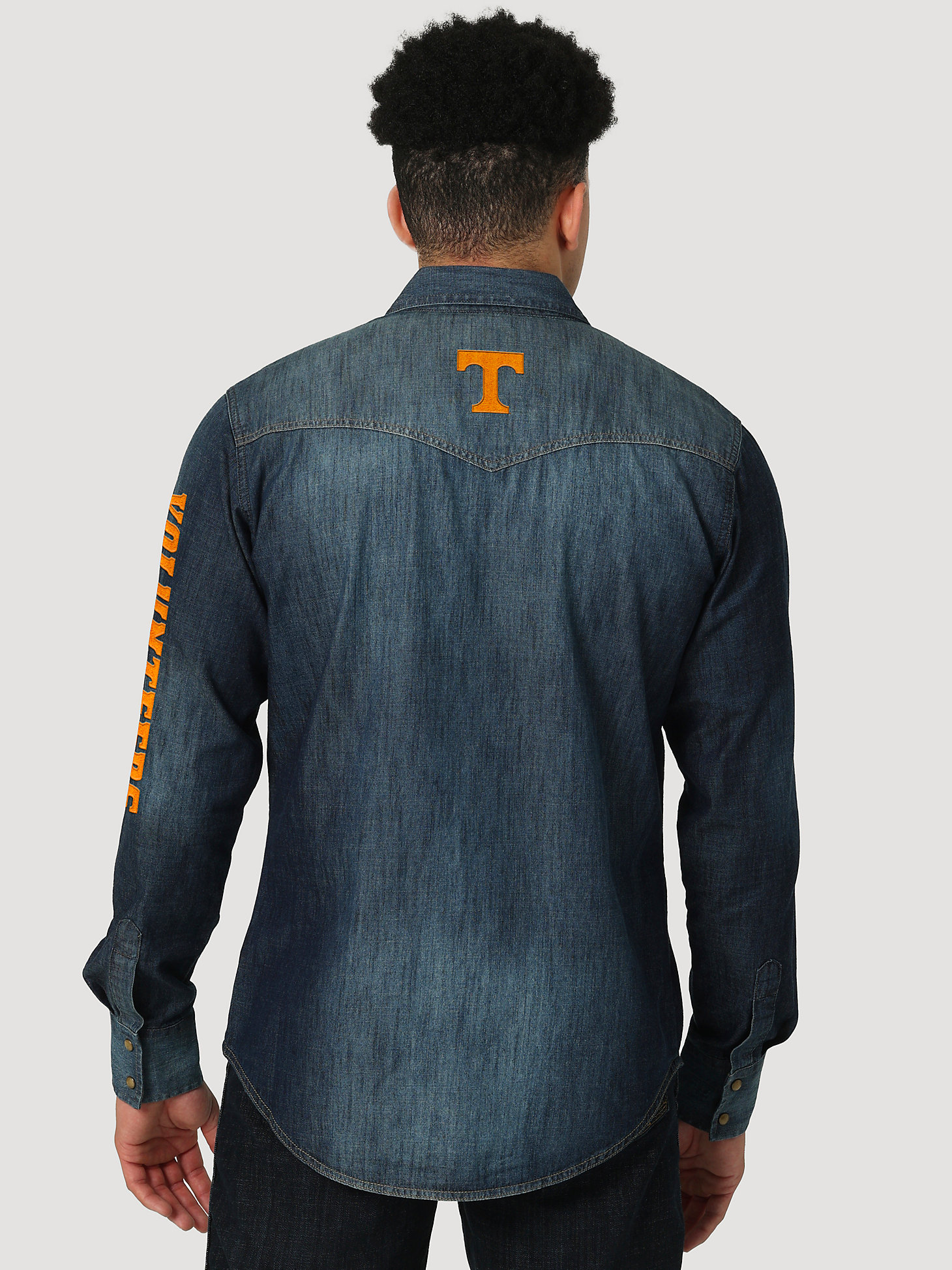Men's Wrangler Collegiate Denim Western Snap Shirt in University of Tennessee main view
