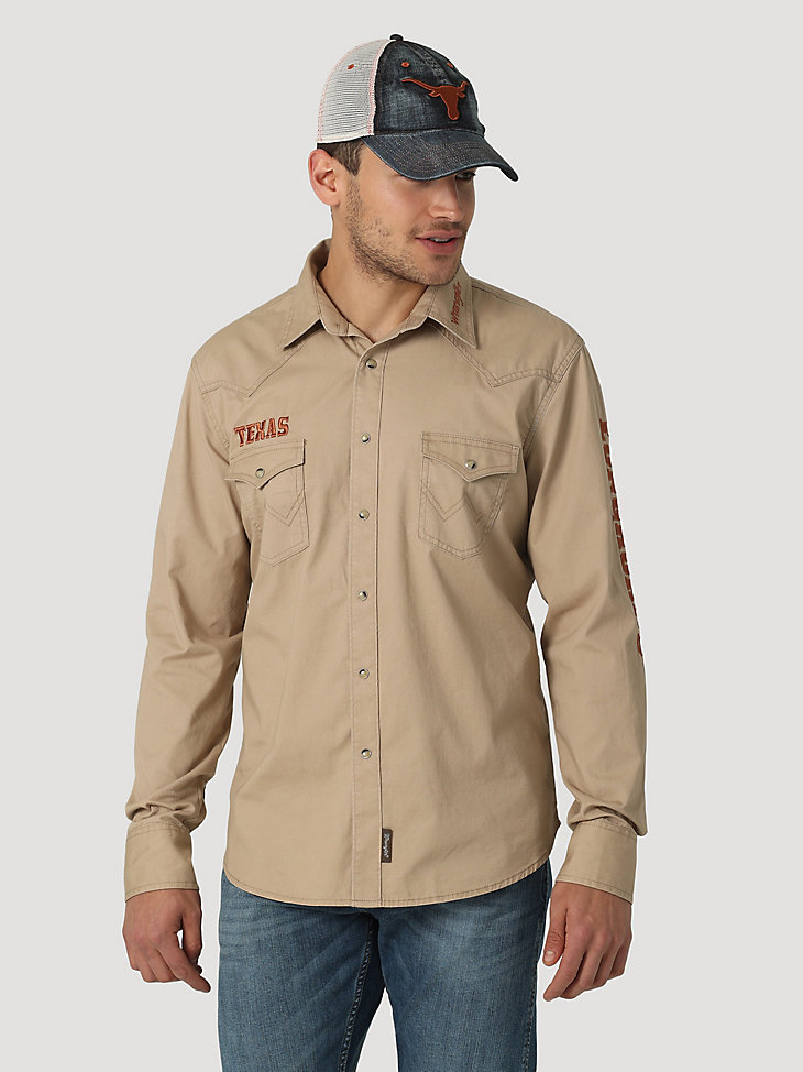 Wrangler Collegiate Embroidered Twill Western Snap Shirt in University of Texas main view