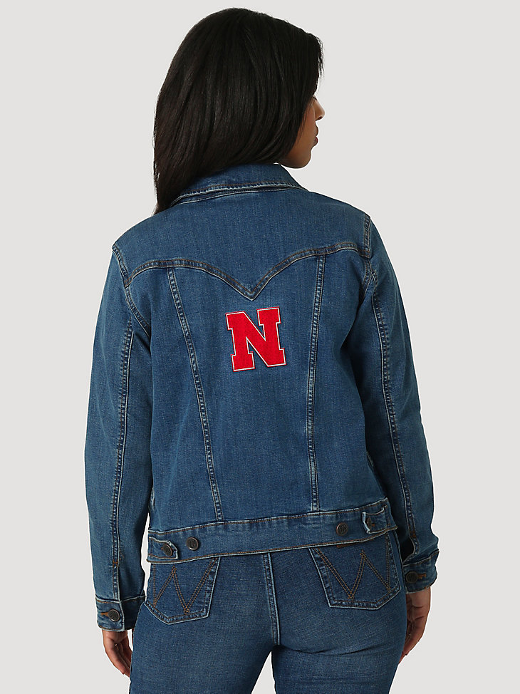 Women's Wrangler Collegiate Embroidered Classic Fit Denim Jacket in University of Nebraska alternative view