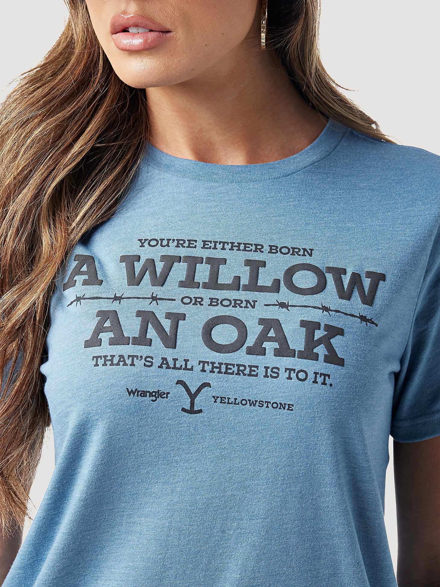 Wrangler x Yellowstone Women's Willow Or Oak Short Sleeve Tee in Medium Blue alternative view 1