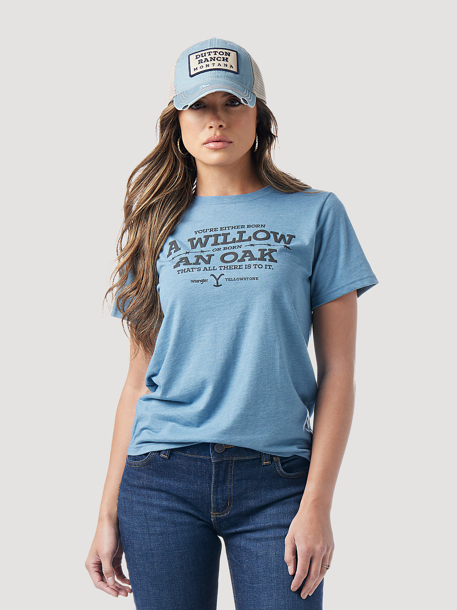 Wrangler x Yellowstone Women's Willow Or Oak Short Sleeve Tee in Medium Blue main view