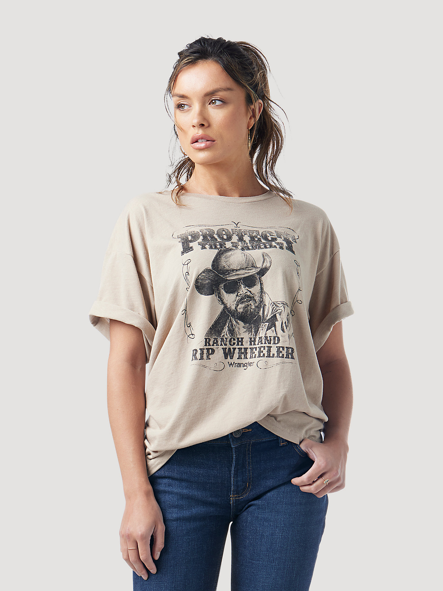 Wrangler x Yellowstone Women's Protect the Family Oversized Short Sleeve Tee in Trenchcoat alternative view 1