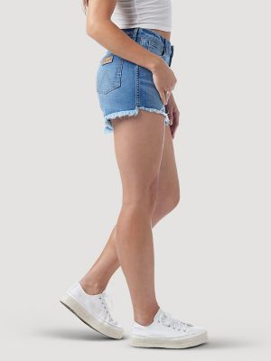 Tall Mid Rise Frayed Hem Mini Jean Shorts
