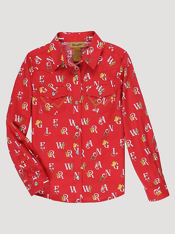 Girl's Wrangler Logo Letters Western Snap Shirt in Red