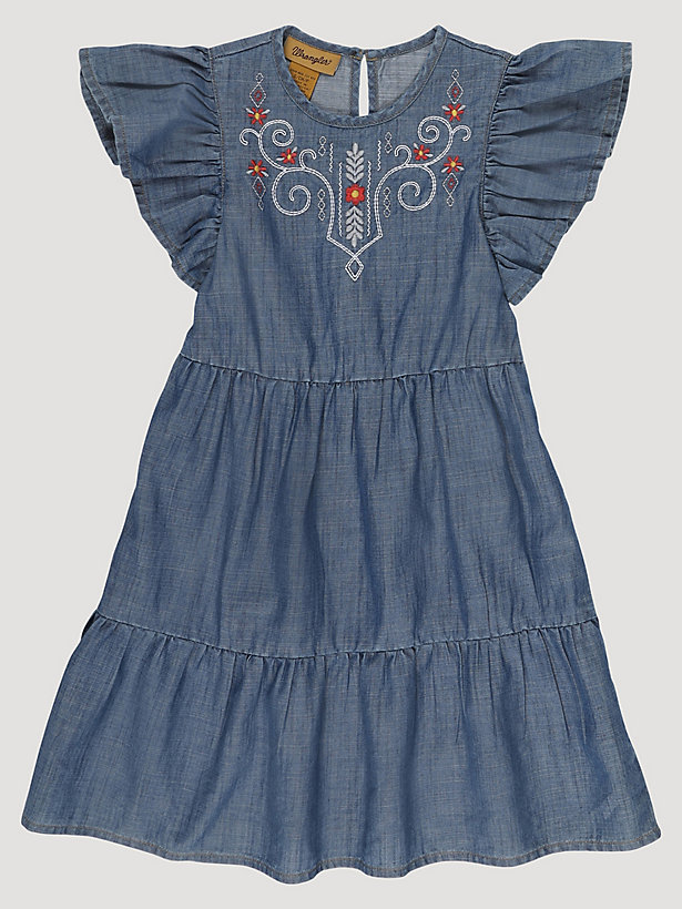 Girl's Ruffle Sleeve Embroidered Denim Dress