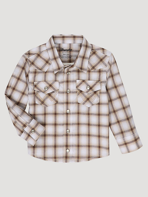 Little Boy Long Sleeve Snap Front Plaid Western Shirt in Tawny Brown