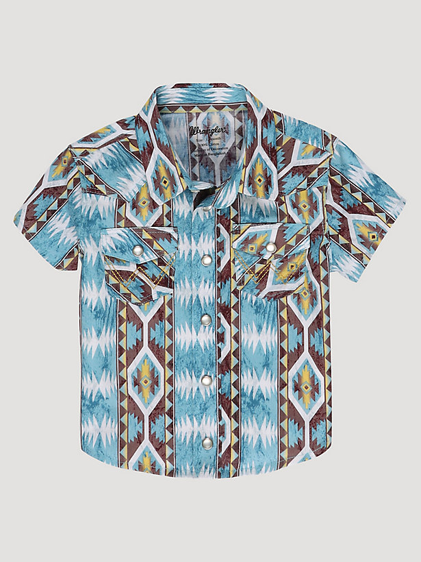 Little Boy's Checotah Snap Front Western Shirt in Dusty Blue Diamond