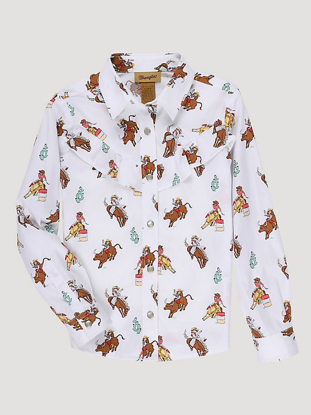 Girl's Long Sleeve Cowgirl Horse Print Western Snap Shirt