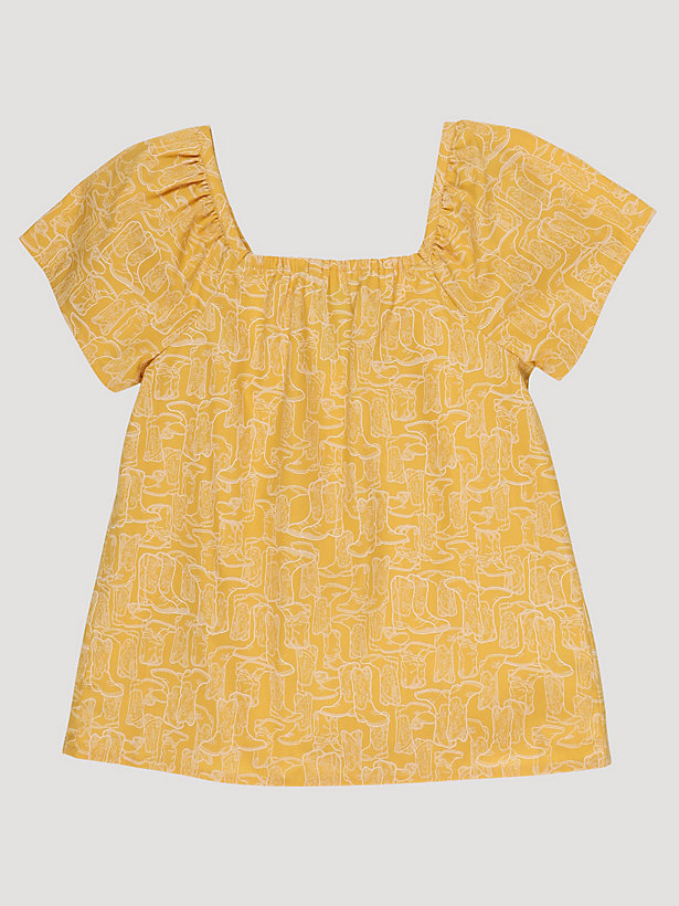 Girl's Square Neck Boot Print Peasant Top in Yellow Sunshine