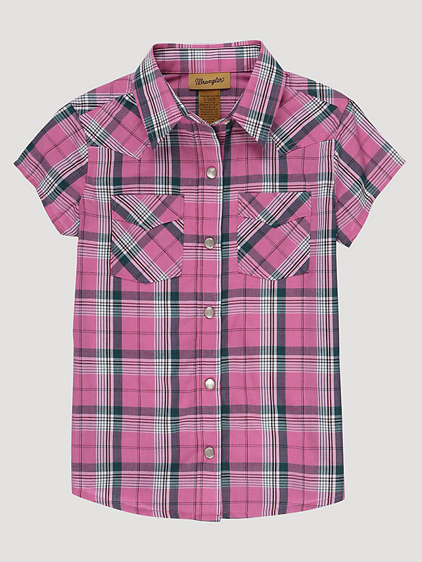Girl's Short Sleeve Plaid Western Snap Shirt in Bubble Pink