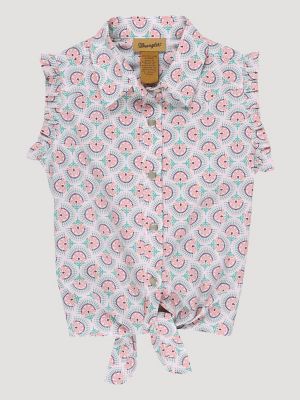 Girl's Sleeveless Printed Tie Front Shirt