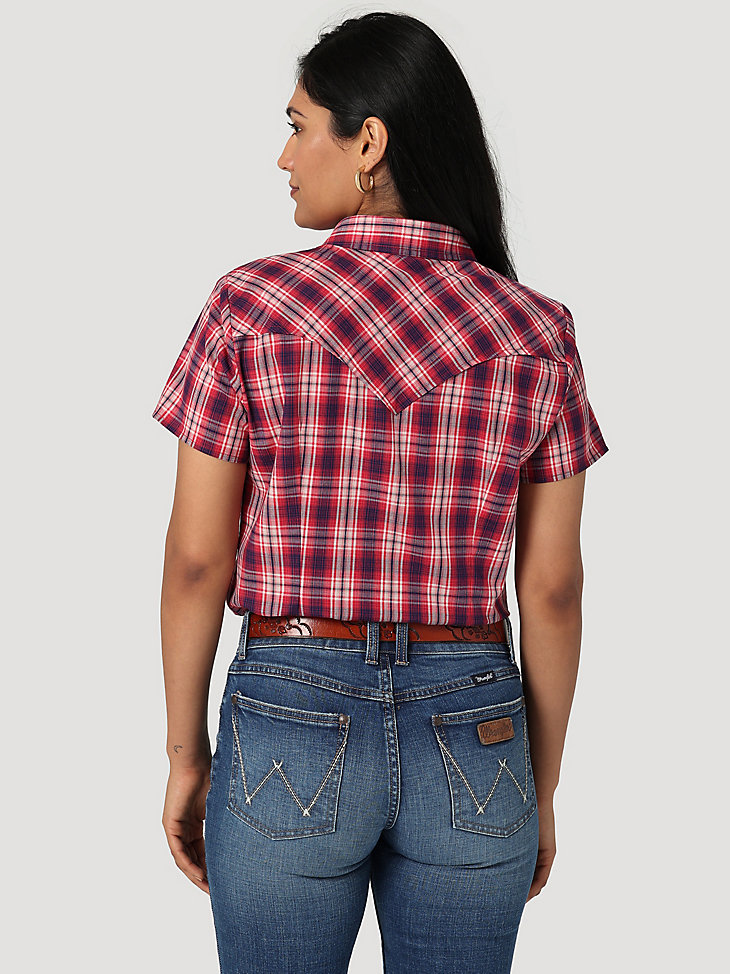 Women's Essential Short Sleeve Plaid Western Snap Top in Dark Red alternative view