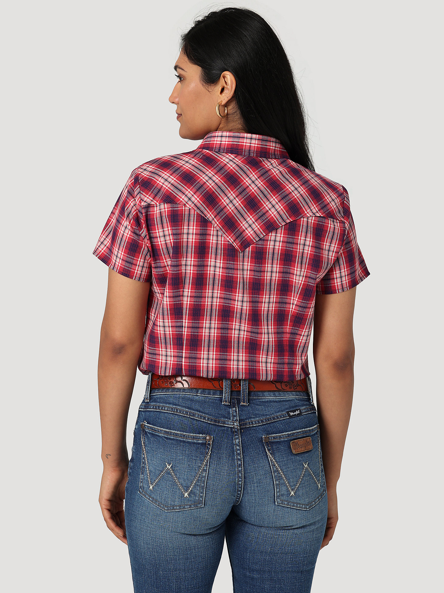 Women's Essential Short Sleeve Plaid Western Snap Top in Dark Red alternative view 1