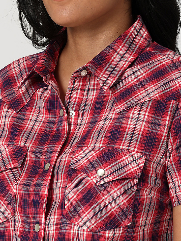 Women's Essential Short Sleeve Plaid Western Snap Top in Dark Red alternative view 2