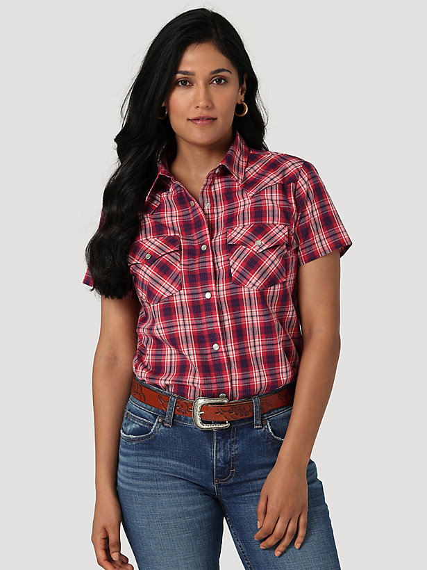 Women's Essential Short Sleeve Plaid Western Snap Top in Dark Red