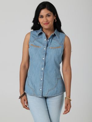 Women's Wrangler Embellished Denim Sleeveless Top in Denim