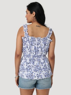 Women's Wrangler Square Neck Ruffle Tank in White Floral