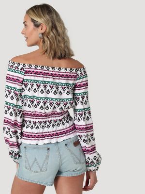 Smocked off the online shoulder top long sleeve