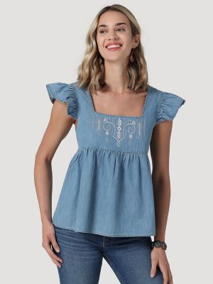 Women's Wrangler Retro Square Neck Embroidered Denim Top in Chambray