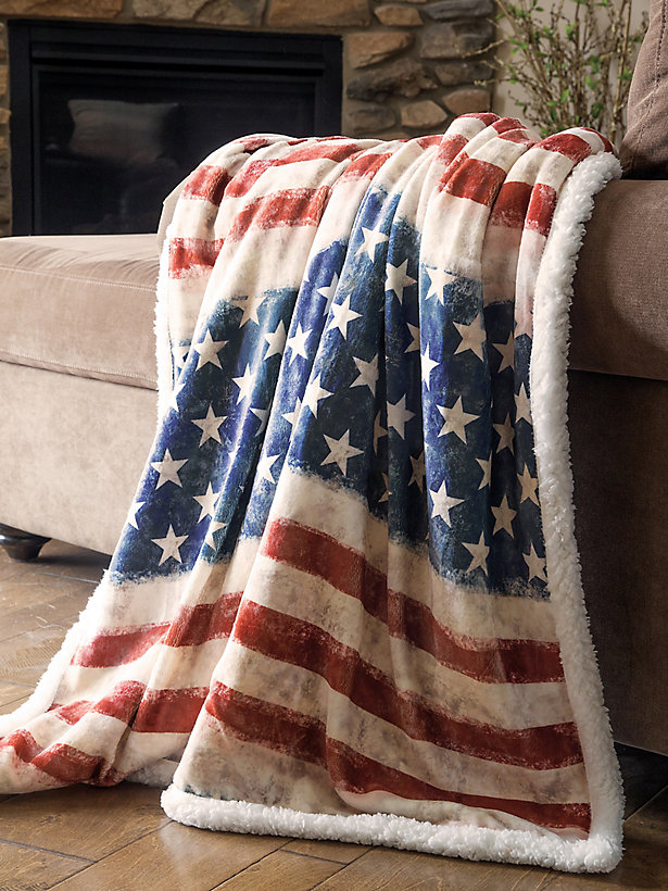 Wrangler Stars & Stripes American Flag Sherpa Fleece Throw Blanket in Multi