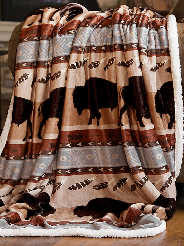 Wrangler Southwestern Buffalo Sherpa Fleece Throw Blanket in Brown