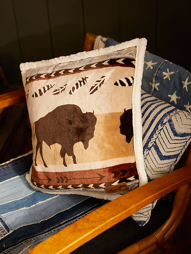 Wrangler Southwestern Buffalo Sherpa Fleece Plush Throw Pillow in Brown