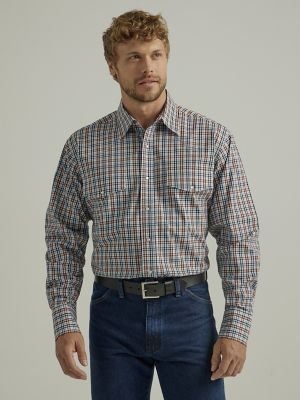 Wrangler Men's Plaid Print Long Sleeve Pearl Snap Western Shirt