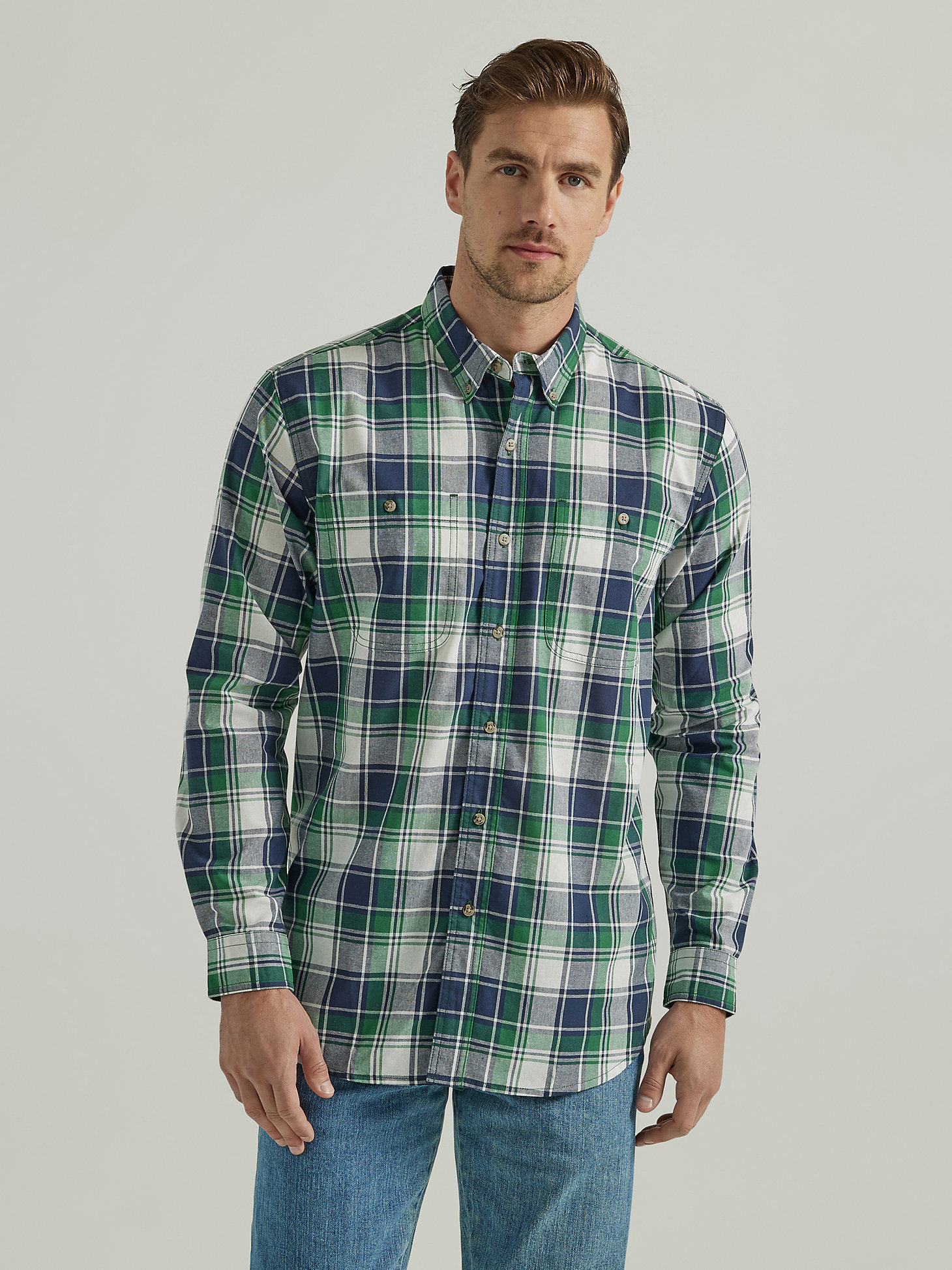 Wrangler Rugged Wear® Long Sleeve Easy Care Plaid Button-Down Shirt in Green Navy main view