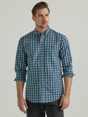 Wrangler Rugged Wear® Long Sleeve Wrinkle Resist Plaid Button-Down Shirt in  Teal Navy