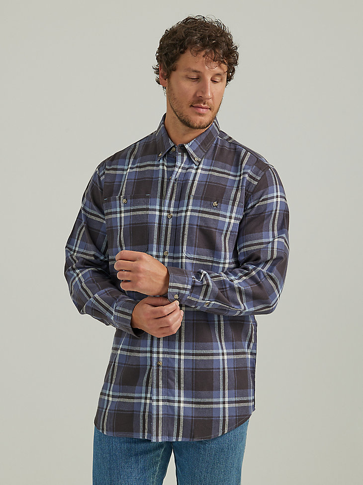 Wrangler Rugged Wear® Long Sleeve Flannel Plaid Button-Down Shirt in Navy Indigo main view