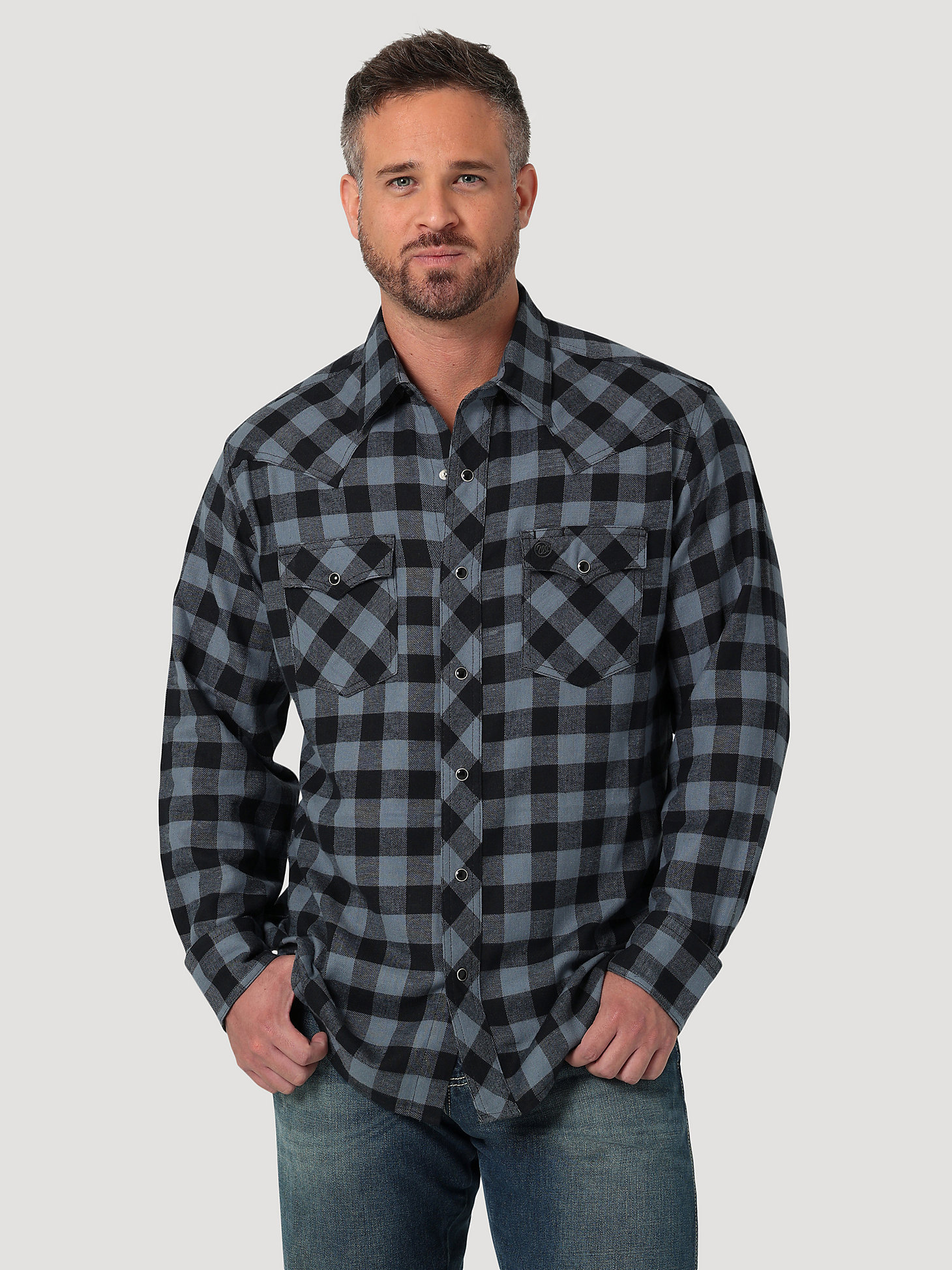 Men's Wrangler Retro® Long Sleeve Flannel Western Snap Plaid Shirt in Stormy Weather main view