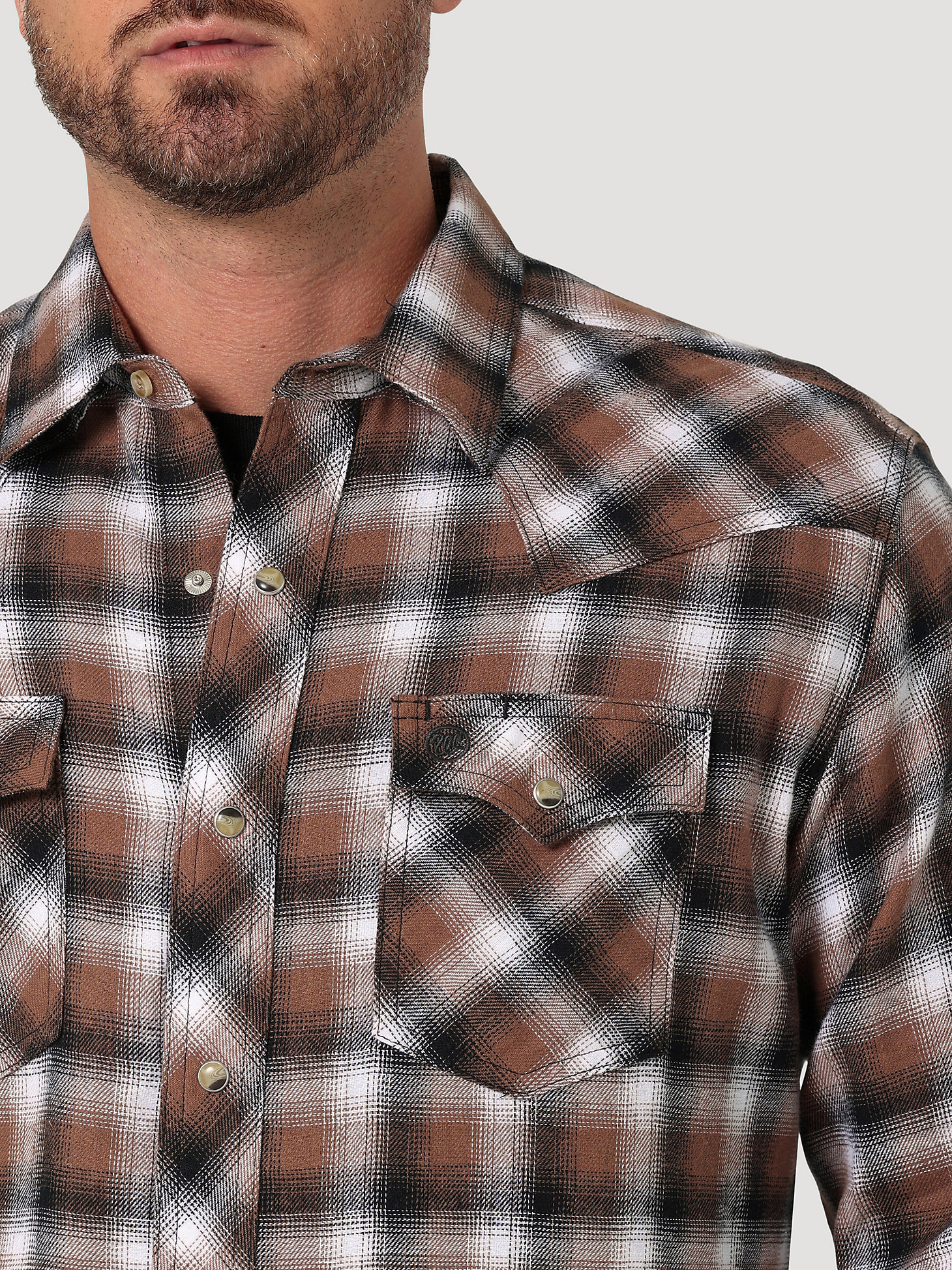 Men's Wrangler Retro® Long Sleeve Flannel Western Snap Plaid Shirt in Aztec Brown alternative view 2