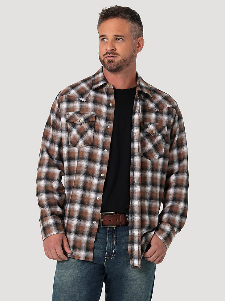 Men's Wrangler Retro® Long Sleeve Flannel Western Snap Plaid Shirt in Aztec Brown main view