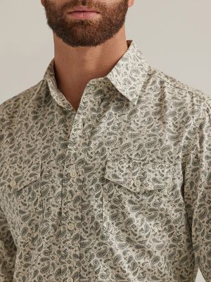 Men's Paisley Print Button-Down Western Shirt - Navy / Blue / Orange