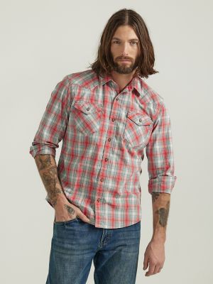 Men's Wrangler® Logo Long Sleeve Western Snap Print Shirt in Pointed Red