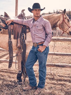 Men's Cowboy Cut Work Chambray Long Sleeve Western Snap Shirt in Port  Burgundy