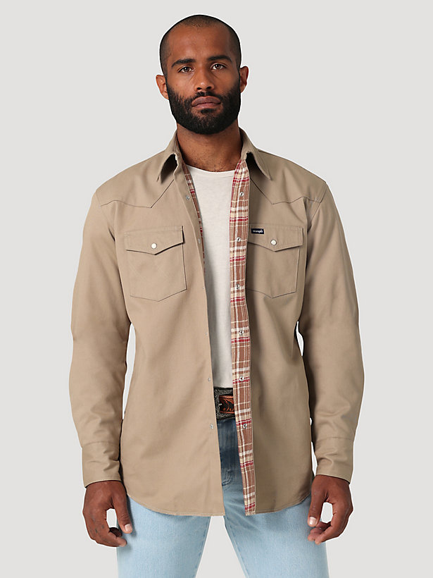 Men's Wrangler® Long Sleeve Flannel Lined Solid Work Shirt in Dune