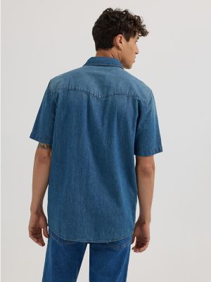 Men's Short Sleeve Western Denim Shirt in Medium Wash