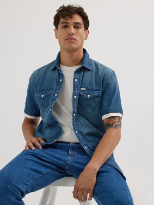 Short sleeve denim shirt on sale mens