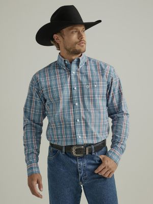 Wrangler Rugged Wear® Long Sleeve Wrinkle Resist Plaid Button-Down Shirt in  Teal Navy