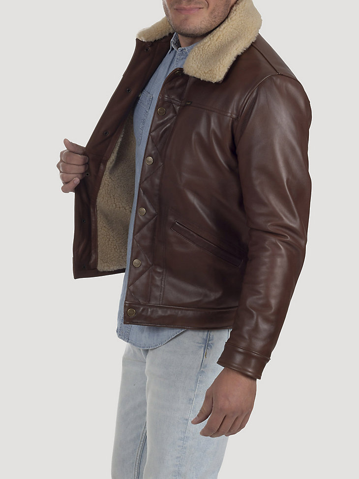 Men's Leather Sherpa Bomber Jacket in Brown alternative view
