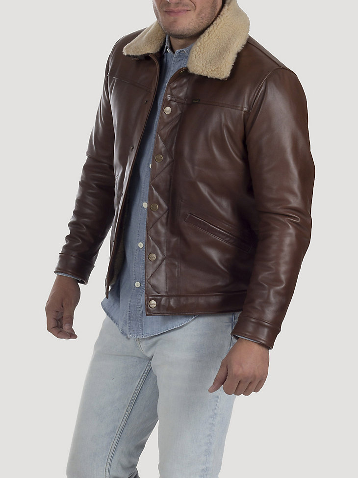 Men's Leather Sherpa Bomber Jacket in Brown alternative view 3