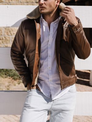 Men's Leather Sherpa Bomber Jacket in Brown