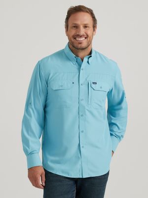 Men's Wrangler Performance Button Front Long Sleeve Solid Shirt in Milky  Blue