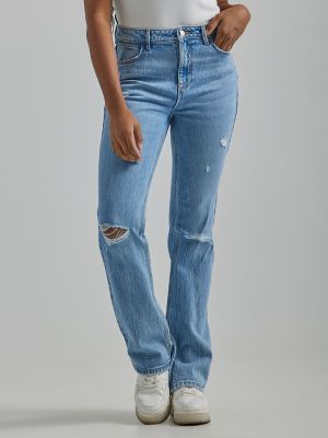 Women Medium Wash Western Distress Double Pocket Boot Cut Jeans