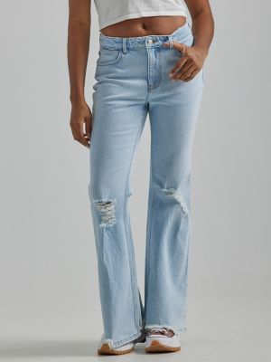 Plus Size High Rise Destructed Flare Jeans - Short Inseam