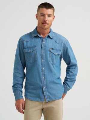 Men’s Wrangler® Long Sleeve Twill/Denim Shirt in Rinse