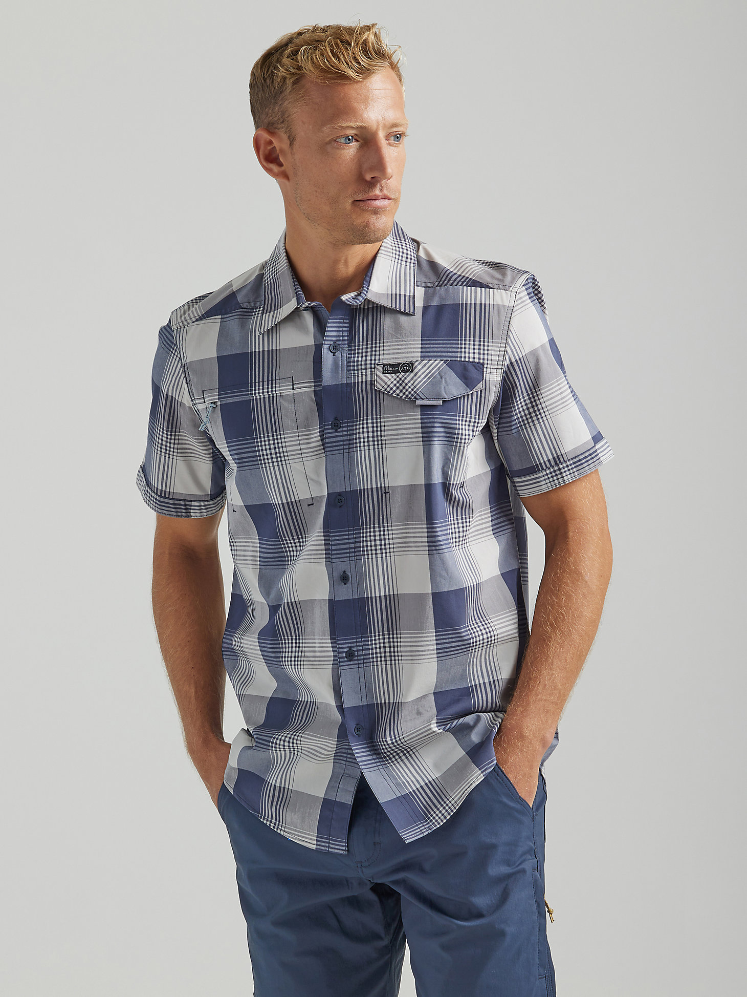 ATG By Wrangler™ Men's Asymmetrical Zip Pocket Plaid Shirt in Mist main view