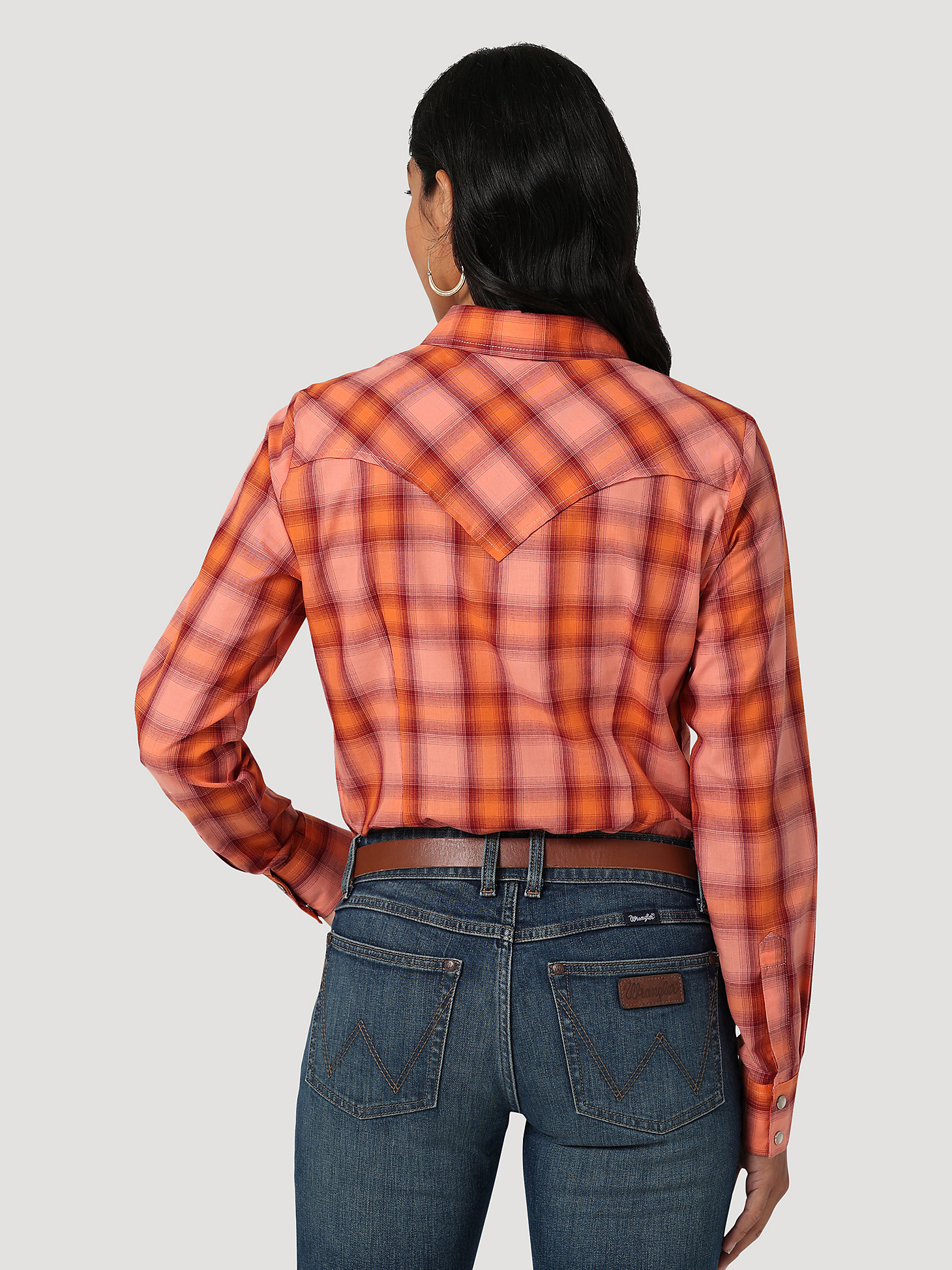 Women's Essential Long Sleeve Plaid Western Snap Top in Orange Plaid alternative view 2