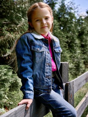 Girl's Sherpa Lined Denim Trucker Jacket in Blue Denim